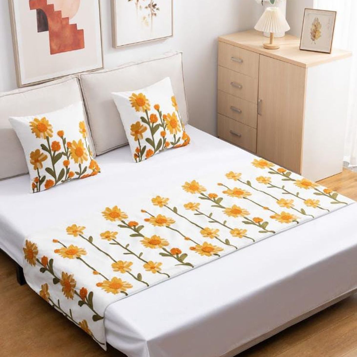GENERICO - Piecera de Cama Decorativa + 2 Fundas de Cojín - Diseños Bordados