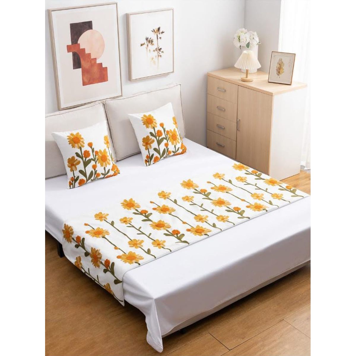 GENERICO - Piecera de Cama Decorativa + 2 Fundas de Cojín - Diseños Bordados