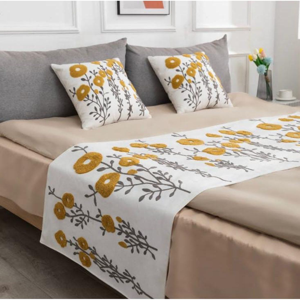 GENERICO - Piecera de Cama Decorativa + 2 Fundas de Cojín - Diseños Bordados