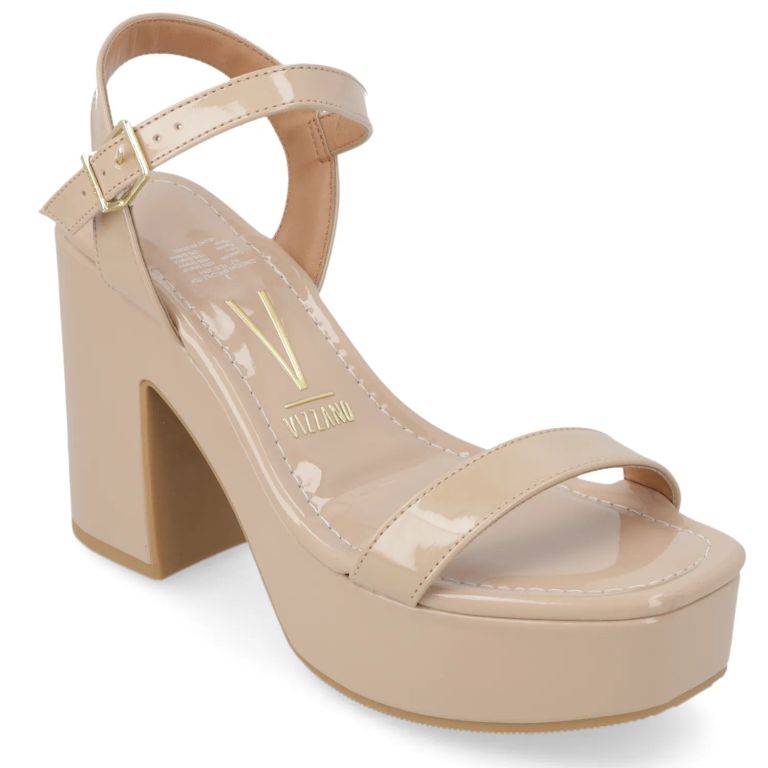 Sandalia Taco Ancho Alto Beige Mujer