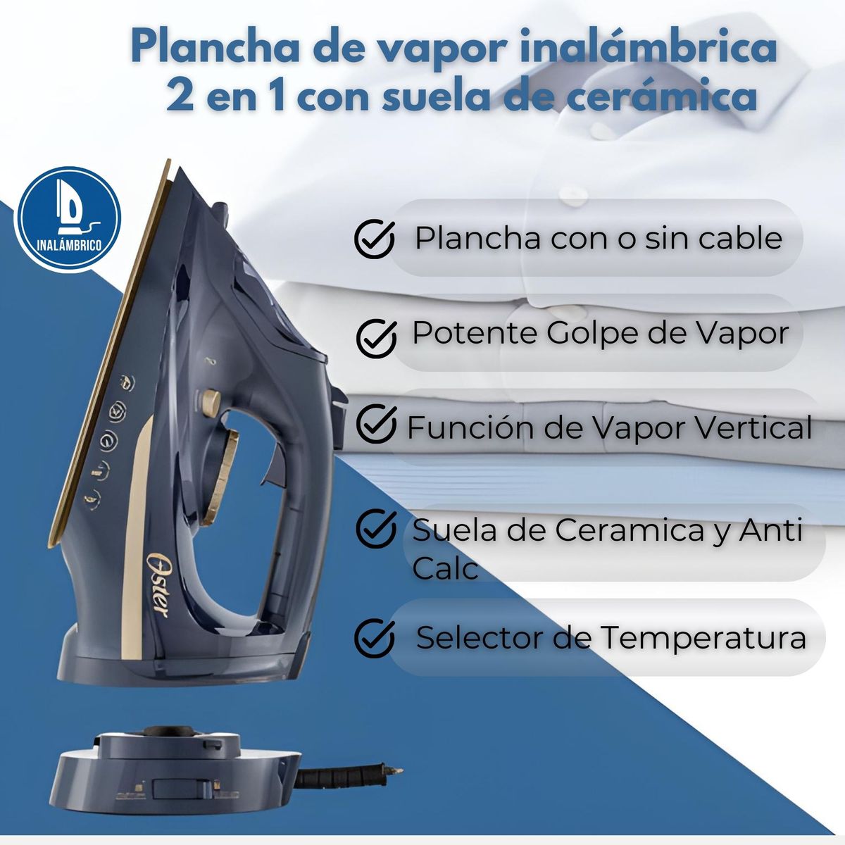 OSTER - Plancha de vapor inalámbrica Oster® 2 en 1 con suela de cerámica GCSTCC5000