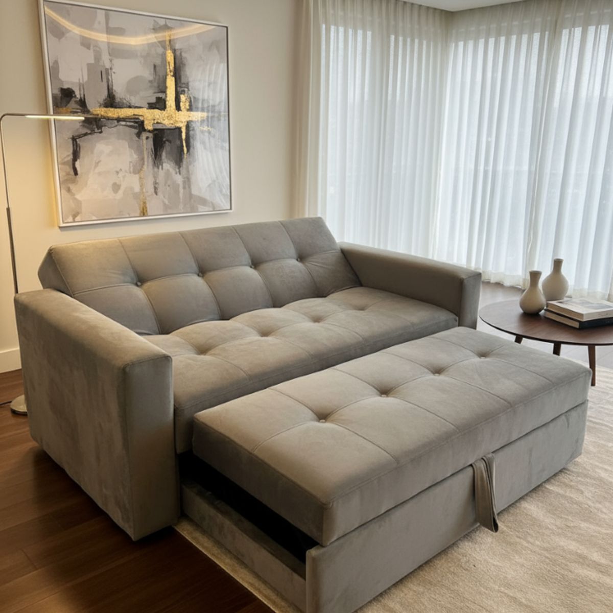 MUEBLES NEW - SOFA CAMA NOVUS TRES POSICIONES GRIS FELPA