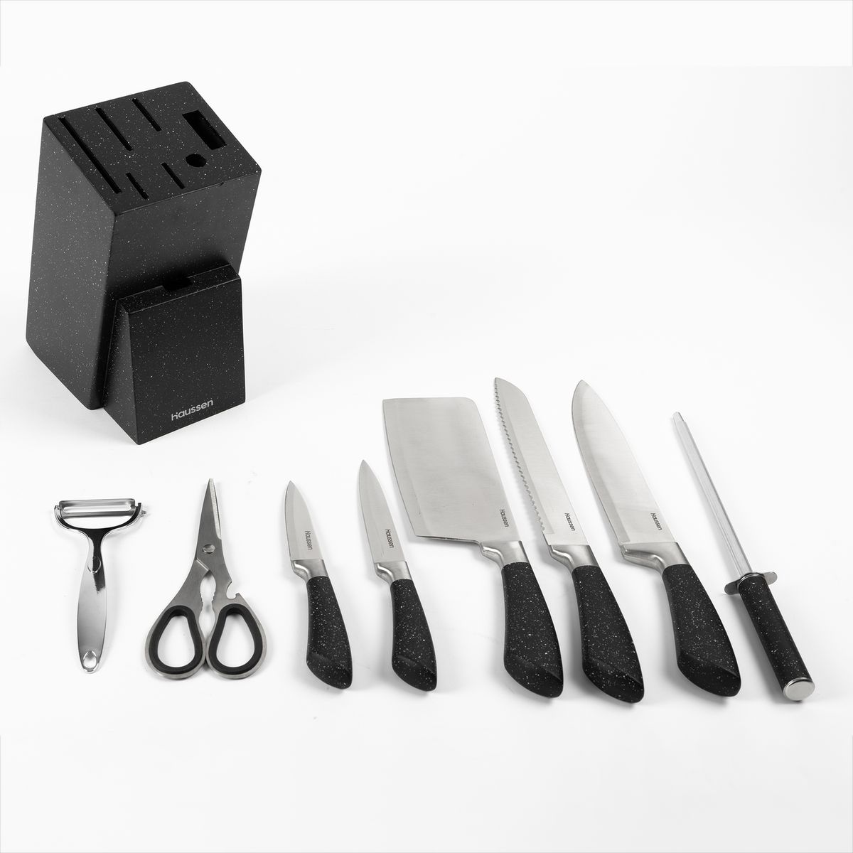 HAUSSEN - Taco Cuchillos Acero Con Tijera y Pelador Infini Set 8 Pcs - Negro