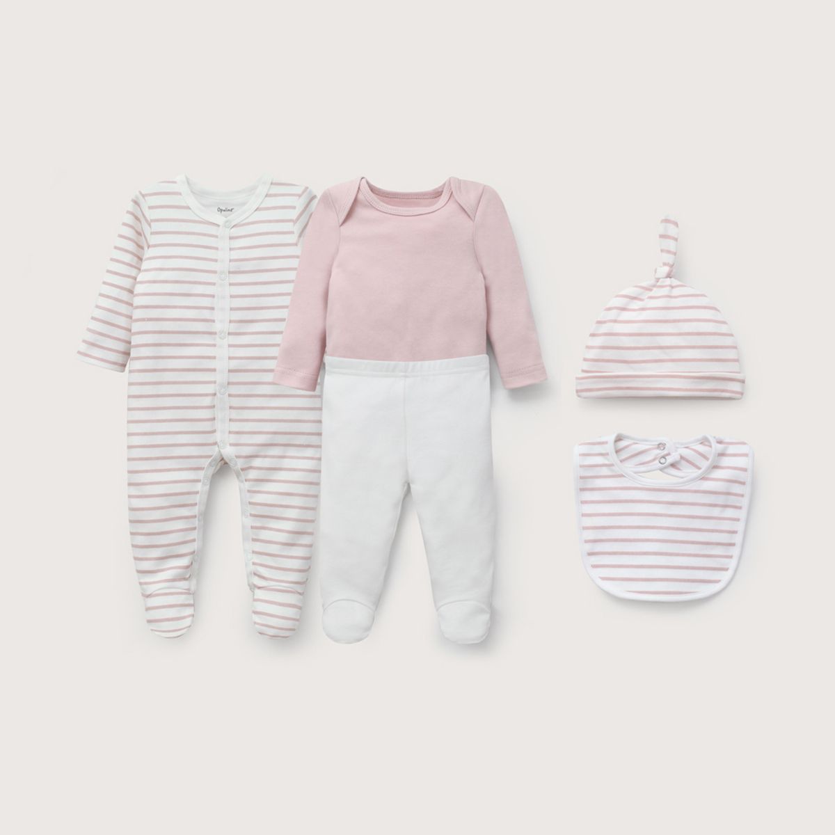 OPALINE - Conjunto 5 piezas rosado con lineas de bebé niña