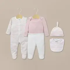 OPALINE - Conjunto 5 piezas rosado con lineas de bebé niña