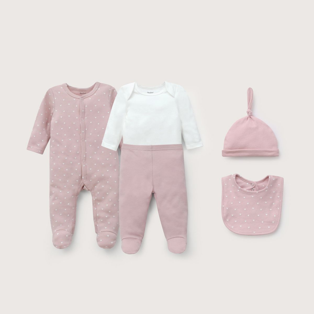 OPALINE - Conjunto 5 piezas rosado con corazones de bebé niña