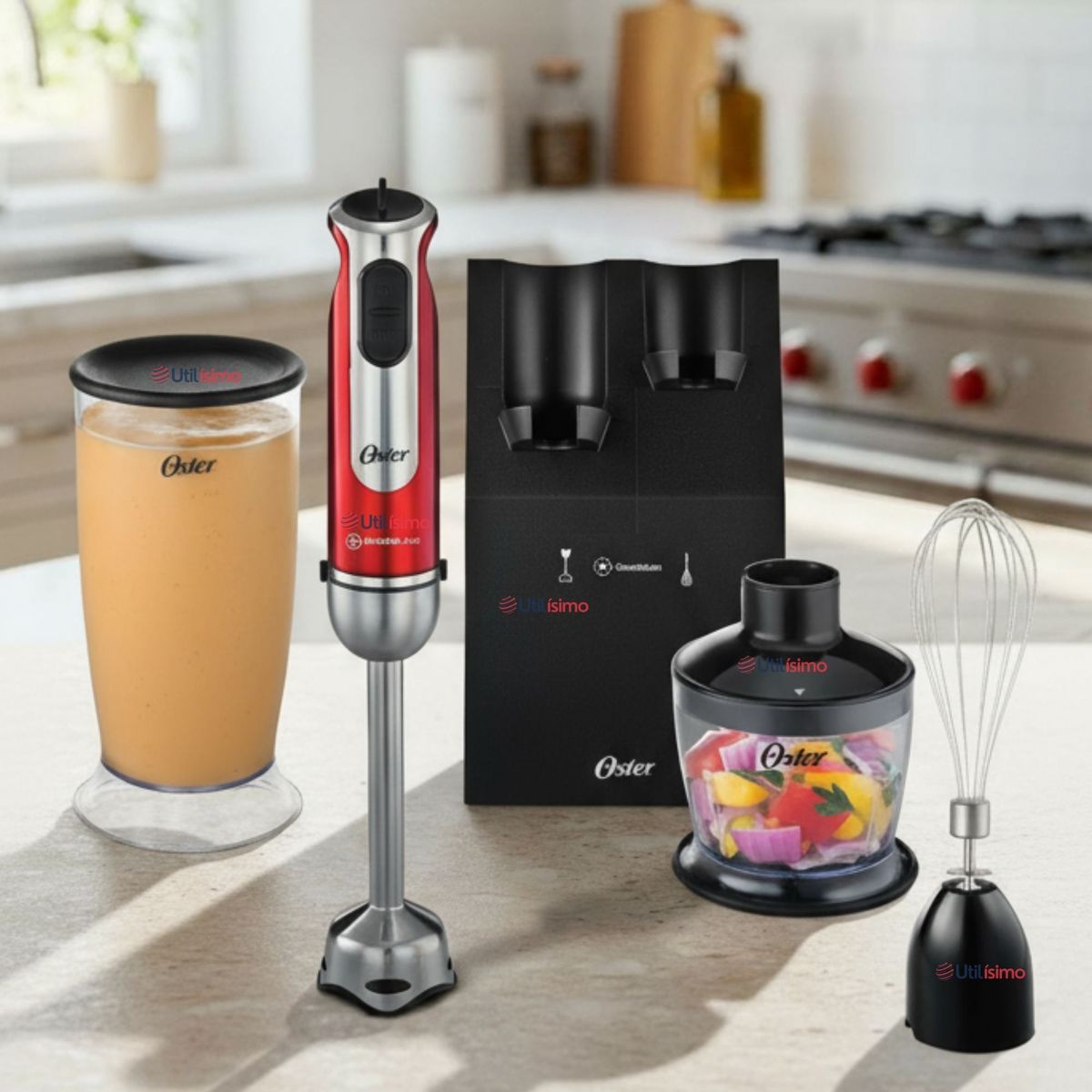 OSTER - Batidora de inmersión Oster® roja con organizador y accesorios
