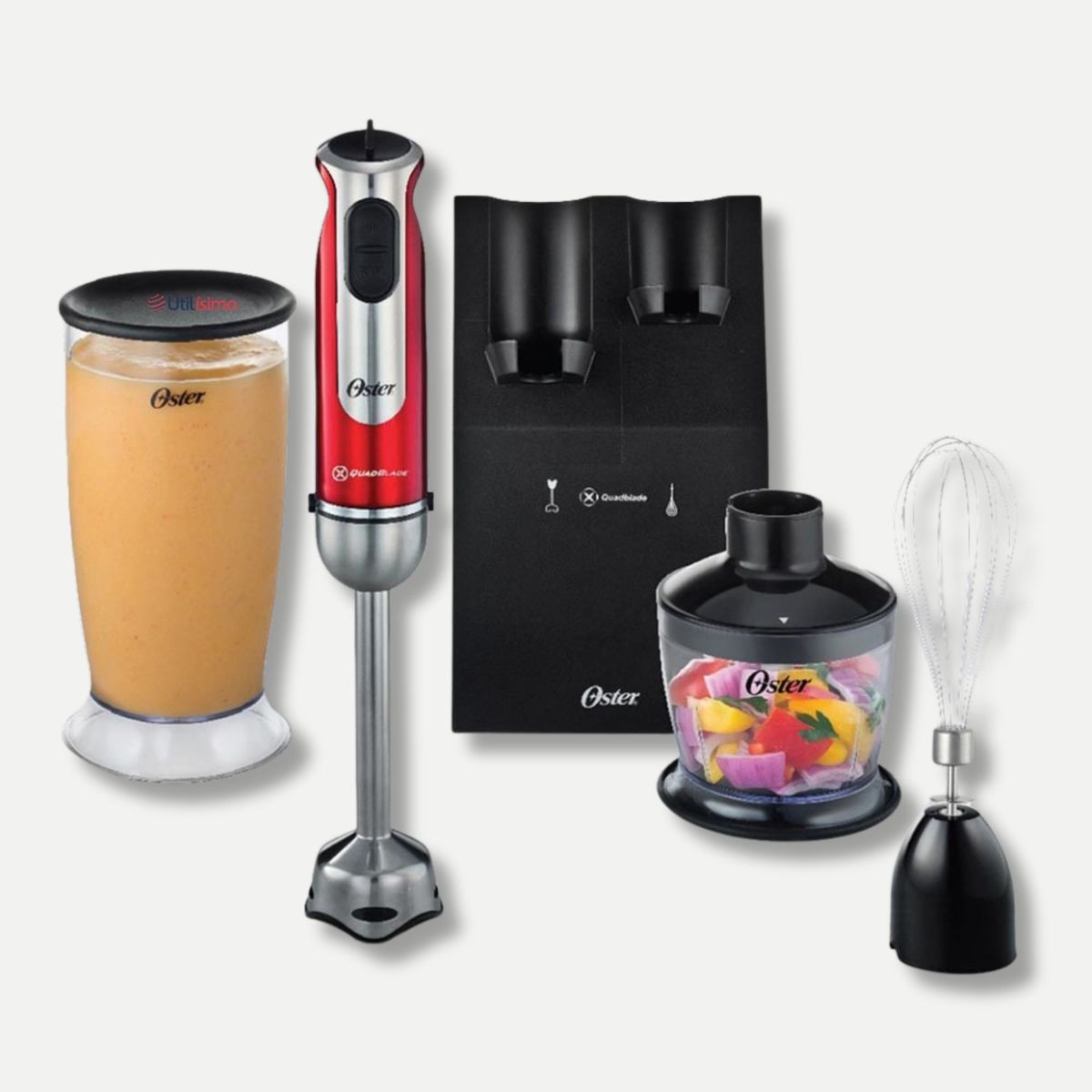 OSTER - Batidora de inmersión Oster® roja con organizador y accesorios