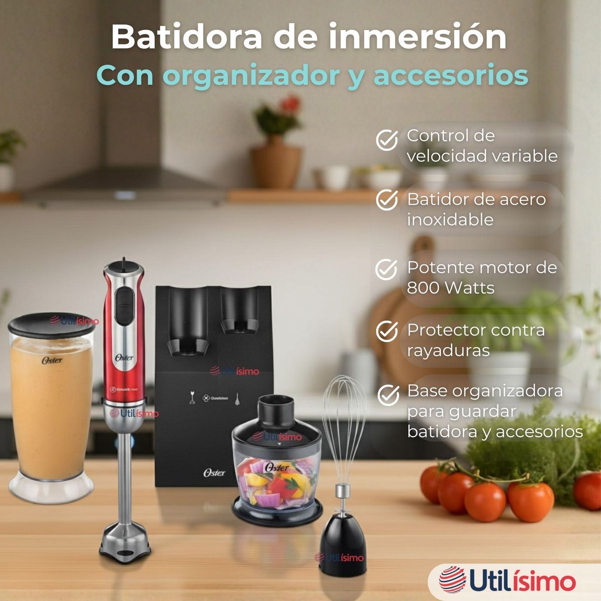 OSTER - Batidora de inmersión Oster® roja con organizador y accesorios