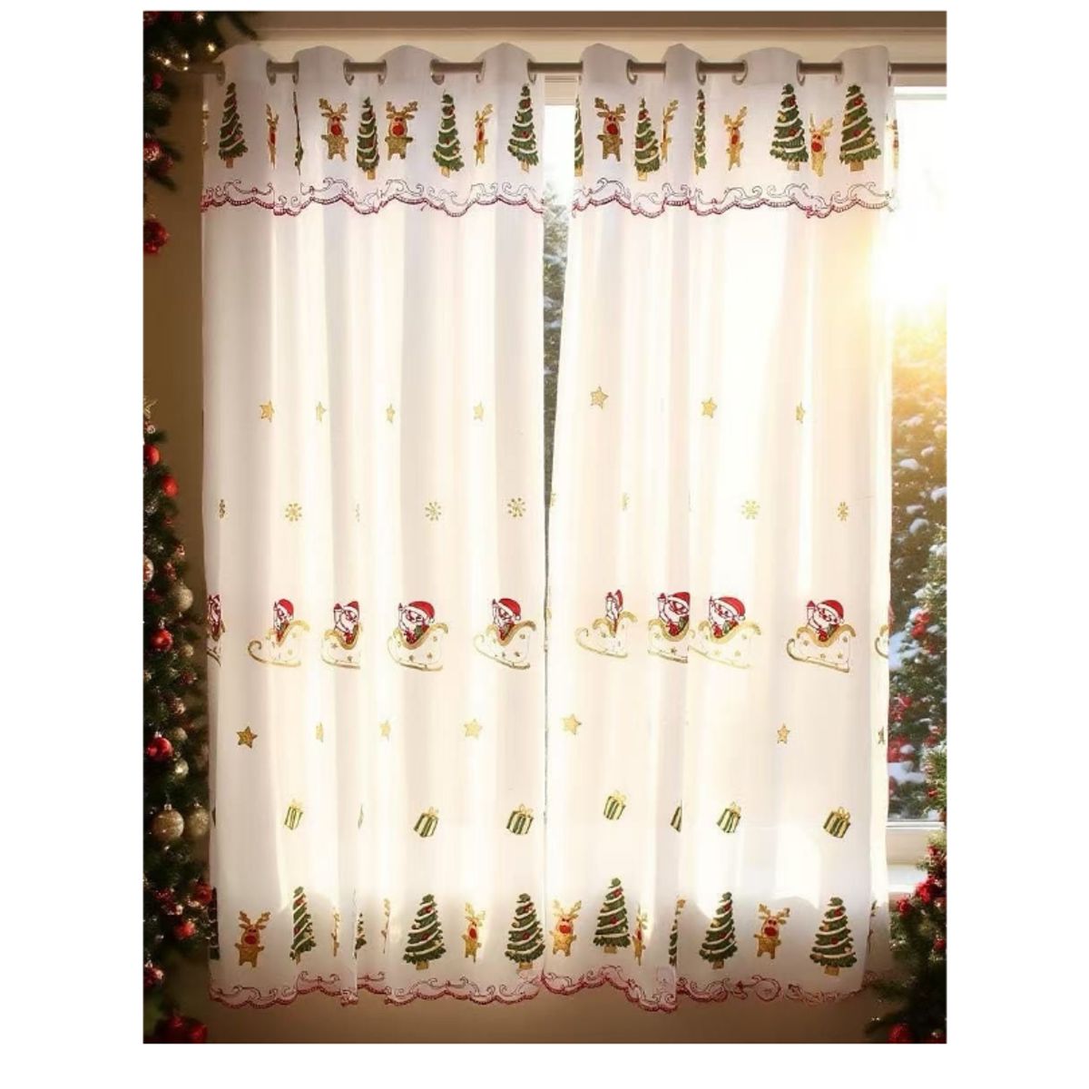 GENERICO - Visillos Cortinas diseño bordados Navideños 2 Paños 230x140cm
