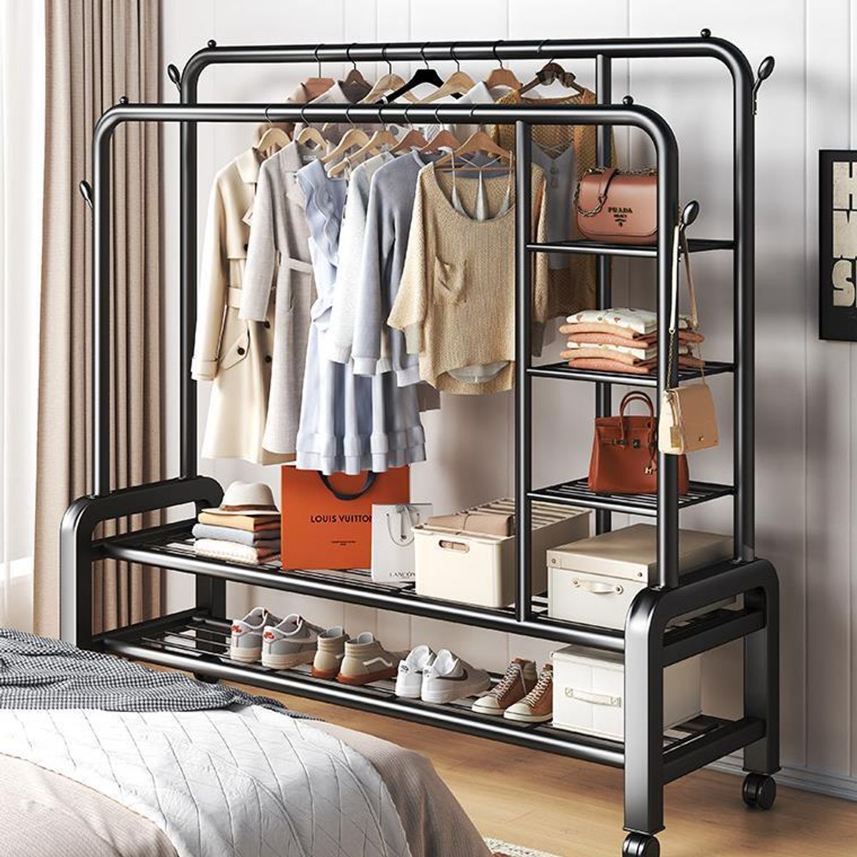 GENERICO - PERCHERO CON ESTANTES NEGRO ORGANIZADOR DE ROPA DOBLE BARRA  CON RUEDA MP