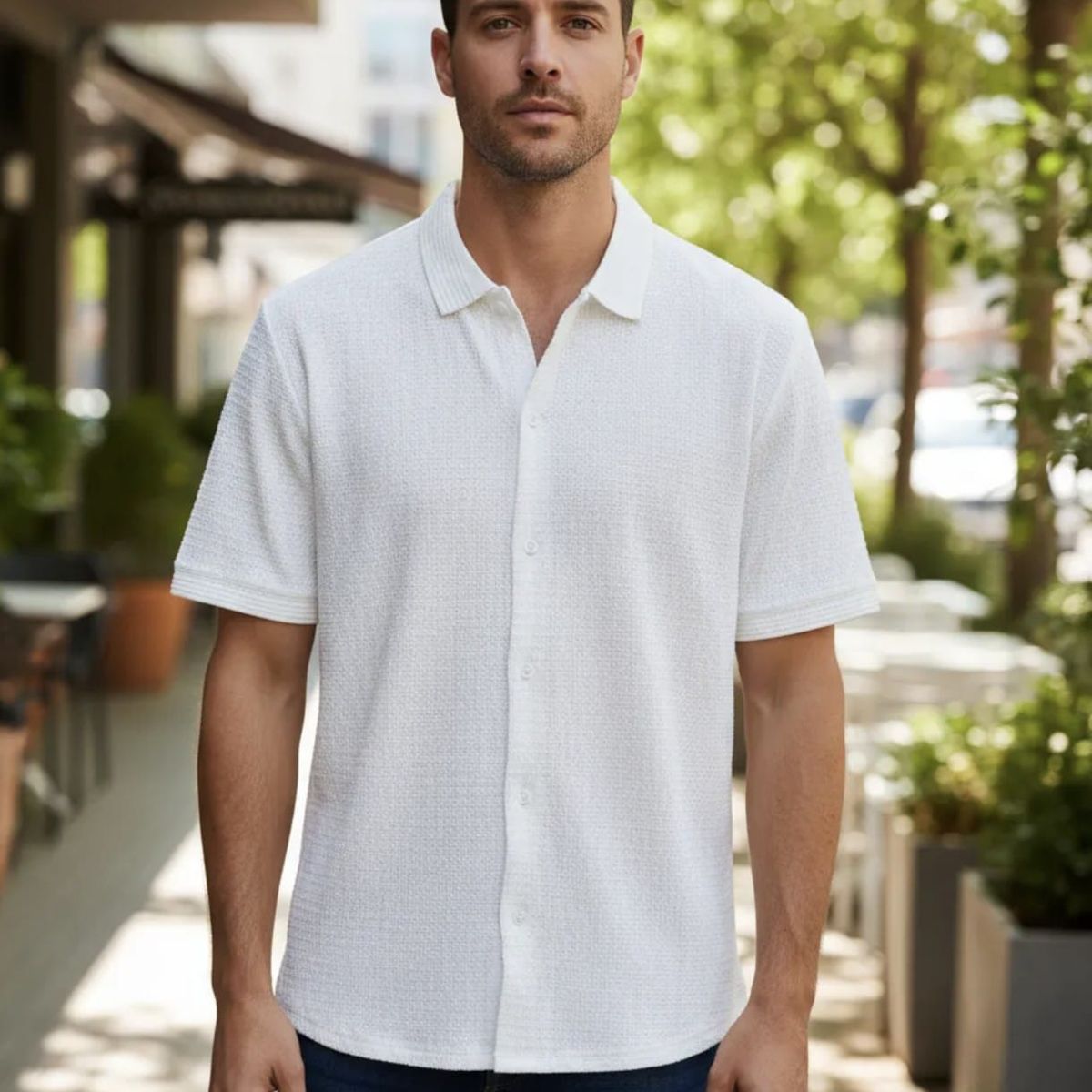 BLUE MOUNTAIN - Camisa Hombre Manga Corta Premium Verano + Spandex