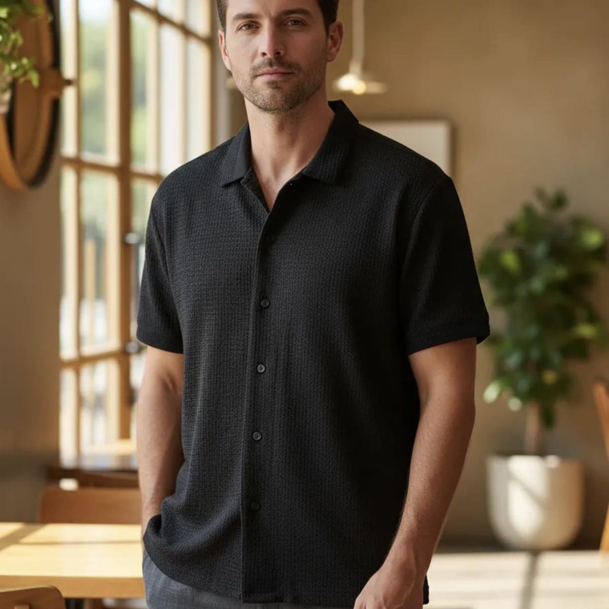 BLUE MOUNTAIN - Camisa Hombre Manga Corta Premium Verano + Spandex