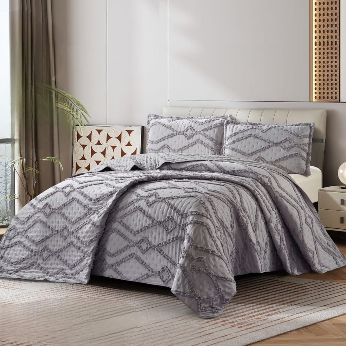 GENERICO - Cubrecama de Verano 2 p Tipo Tufting con relieve Gris Claro TFCR08