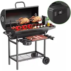CASTLEN - Parrilla a Carbón Con Bandejas Laterales Tapa Ruedas Fierro