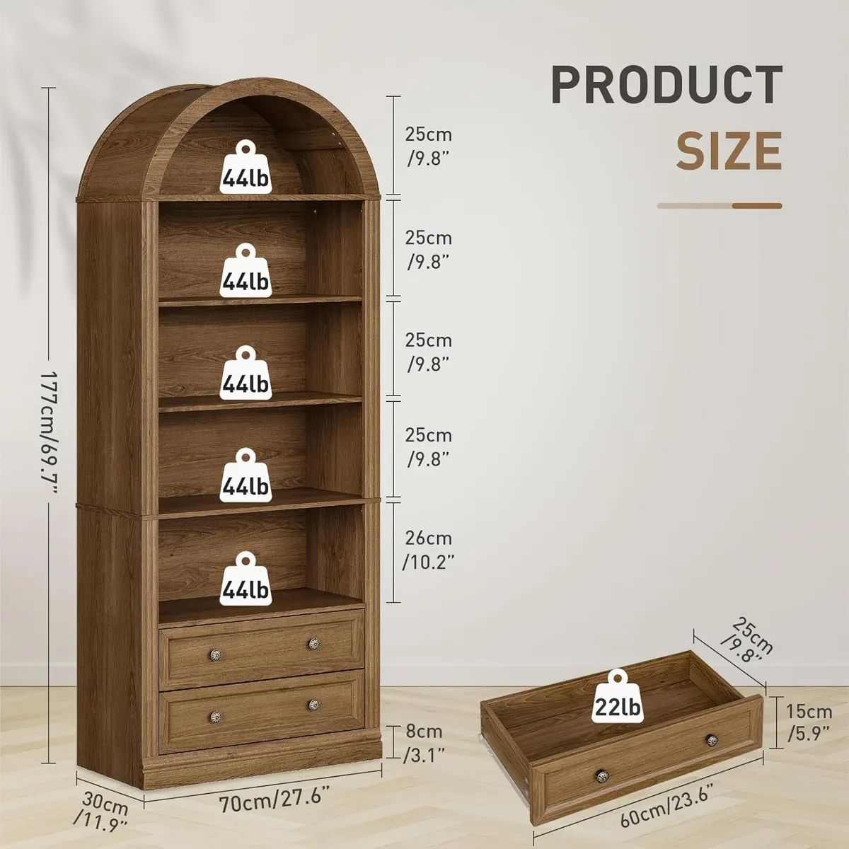 YOMYM - Estantería Arqueada de Granja, Estantería de Arco de 7 Niveles con 2 Cajones Espaciosos