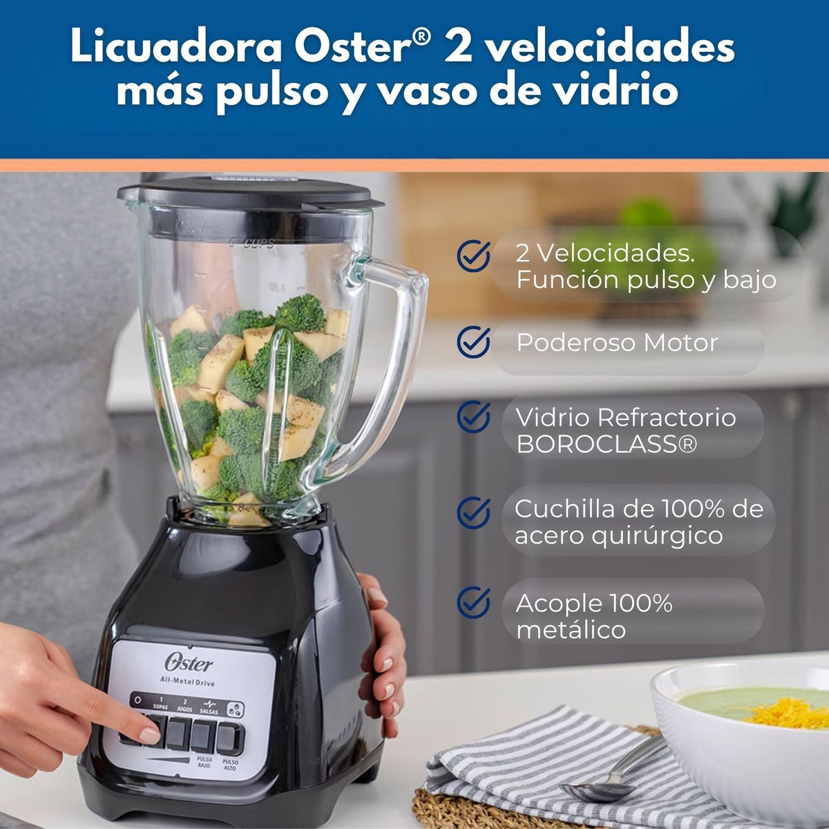 OSTER - Licuadora Oster® 2 velocidades más pulso y vaso de vidrio BLSTKAGBPB