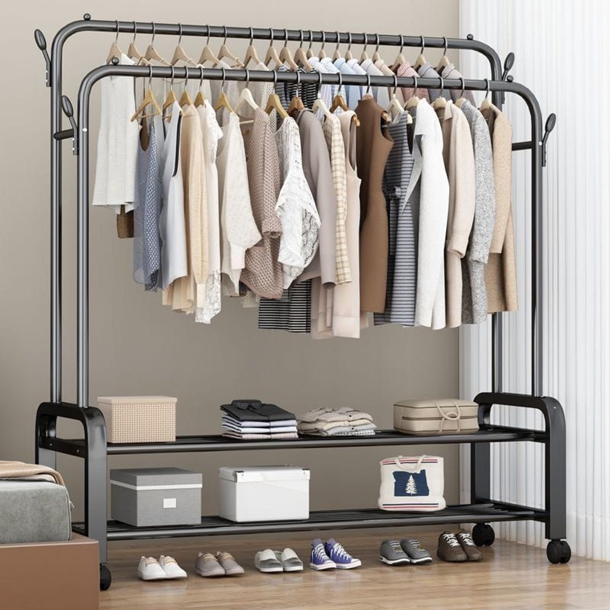 GENERICO - PERCHERO NEGRO ORGANIZADOR DE ROPA DOBLE BARRA DOBLE ESTANTE MP