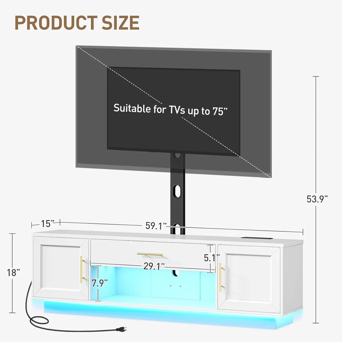 YOMYM - Mueble de TV de 1,5 Metros con Puerta Abatible, Toma de Corriente y Soporte Trasero con Iluminación