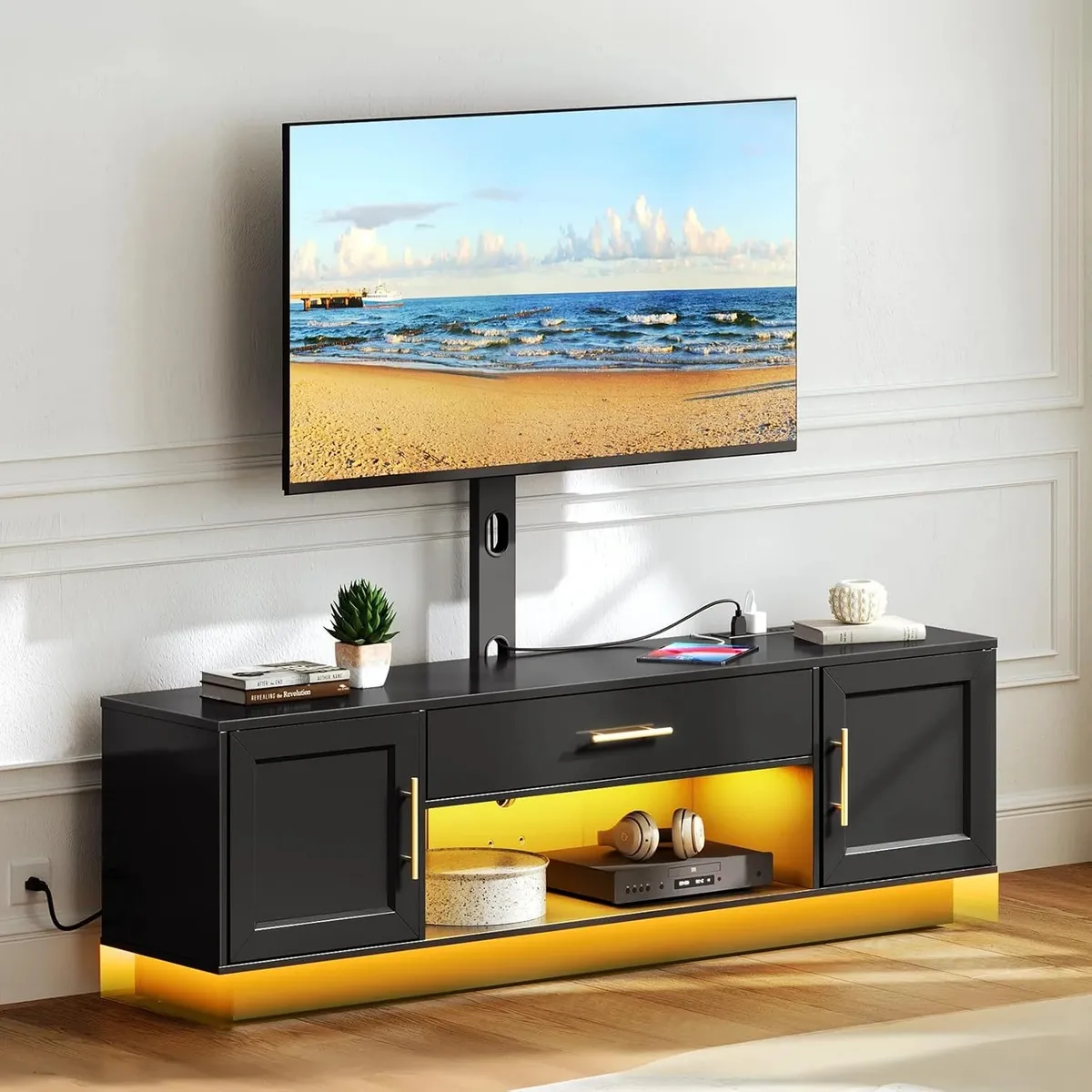 YOMYM - Mueble de TV de 1,5 Metros con Puerta Abatible, Toma de Corriente y Soporte Trasero con Iluminación