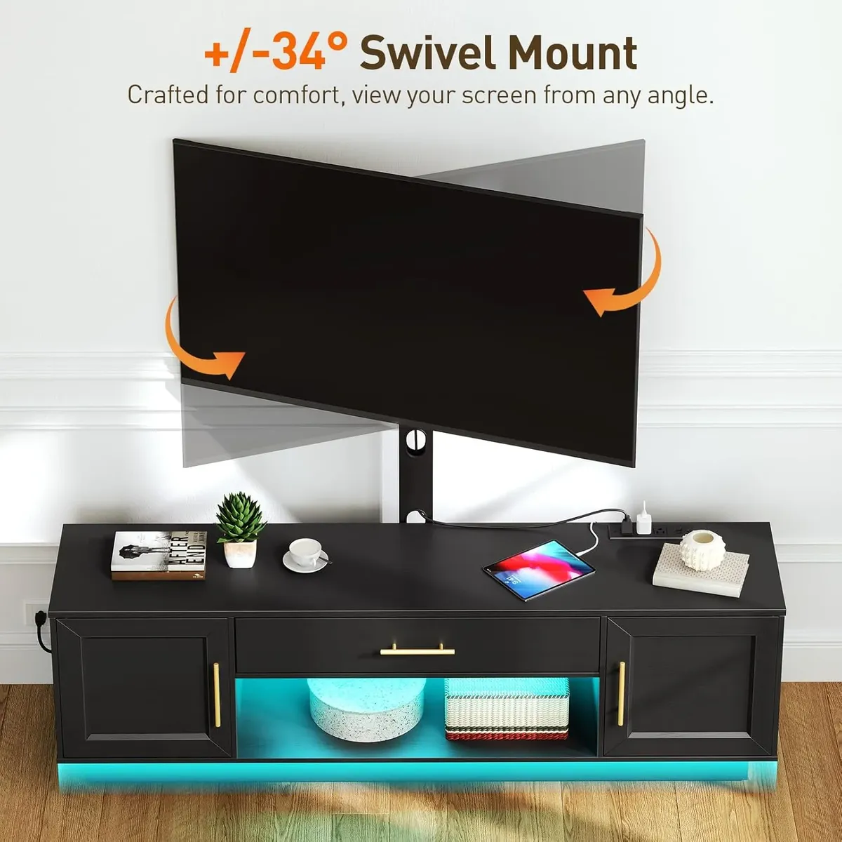 YOMYM - Mueble de TV de 1,5 Metros con Puerta Abatible, Toma de Corriente y Soporte Trasero con Iluminación