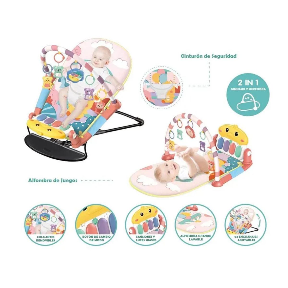 GENERICO - Silla Mecedora 2 En 1 Gimnasio De Bebe Celeste Interactiva