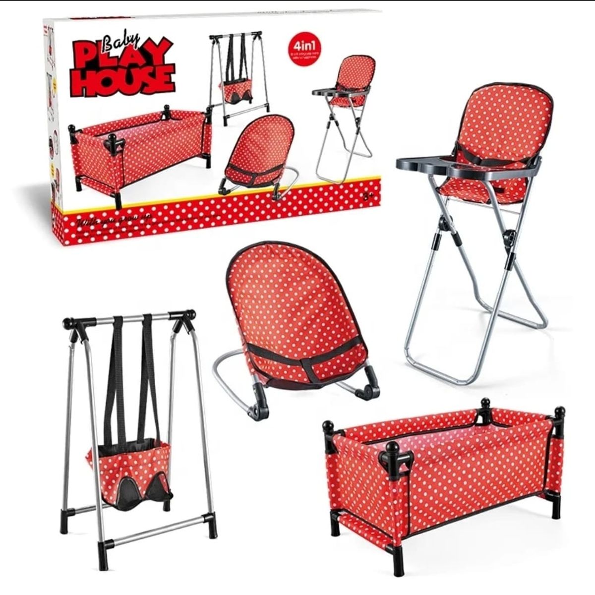 GENERICO - SET PARA MUÑECA CUNA, COLUMPIO, SILLA, MECEDORA 4 EN 1, ROJO