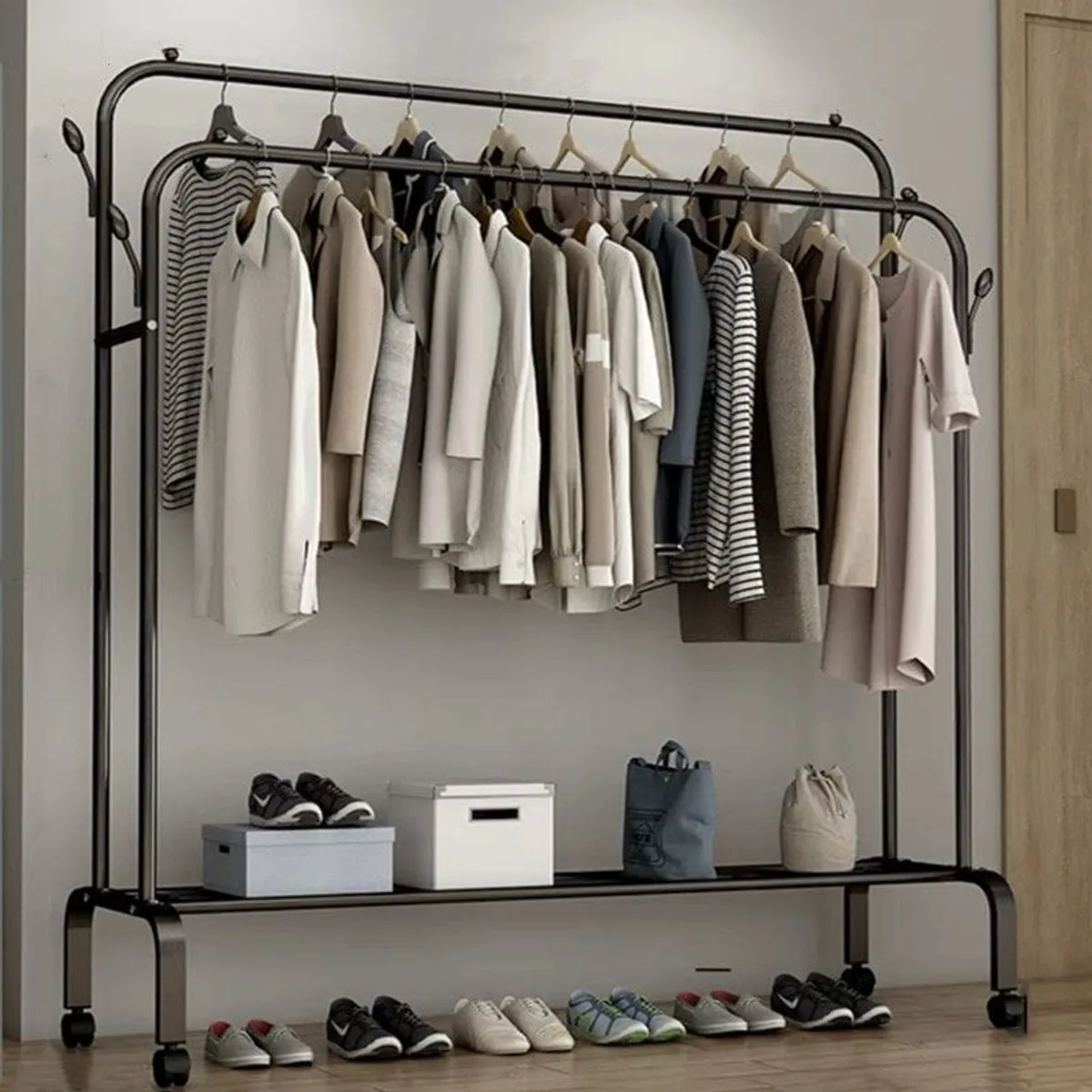 GENERICO - PERCHERO DOBLE BARRA ORGANIZADOR DE ROPA CON RUEDA NEGRO MP