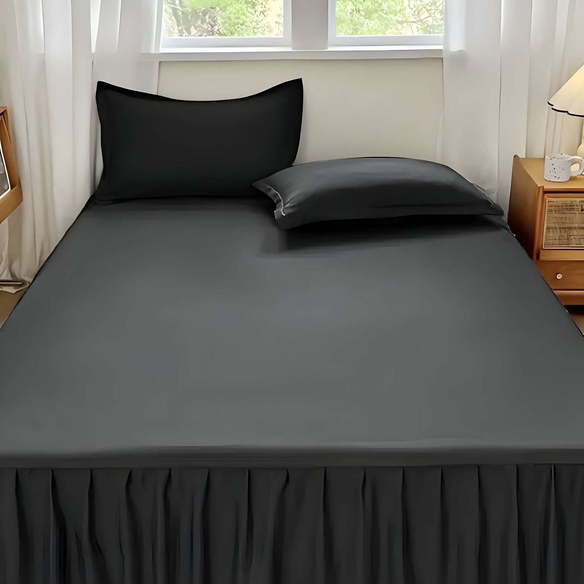 GENERICO - FALDON DE CAMA PARA BASE CON VOLADO 2 PLAZAS 150X200 CM NEGRO