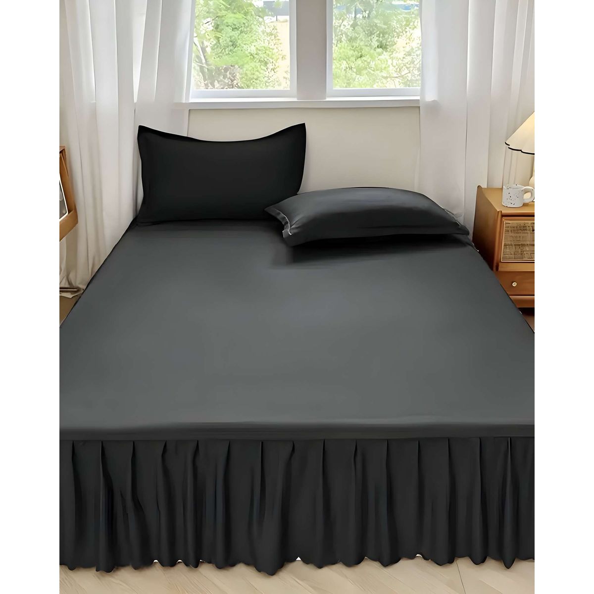 GENERICO - FALDON DE CAMA PARA BASE CON VOLADO 2 PLAZAS 150X200 CM NEGRO