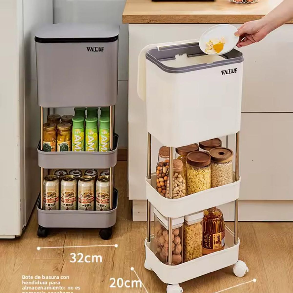 GENERICO - Organizador Carrito 3 Niveles Multifuncional Para Basura Y Cocina Beige