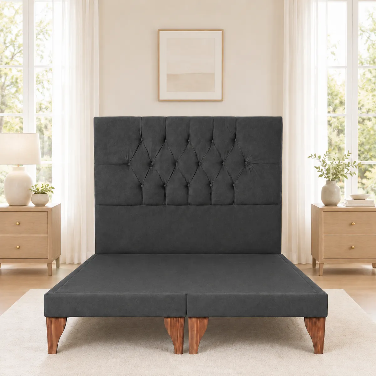 GENERICO - Cama 2 Plazas Modelo Capitone Tapizado En Lino En Color Gris Oscuro