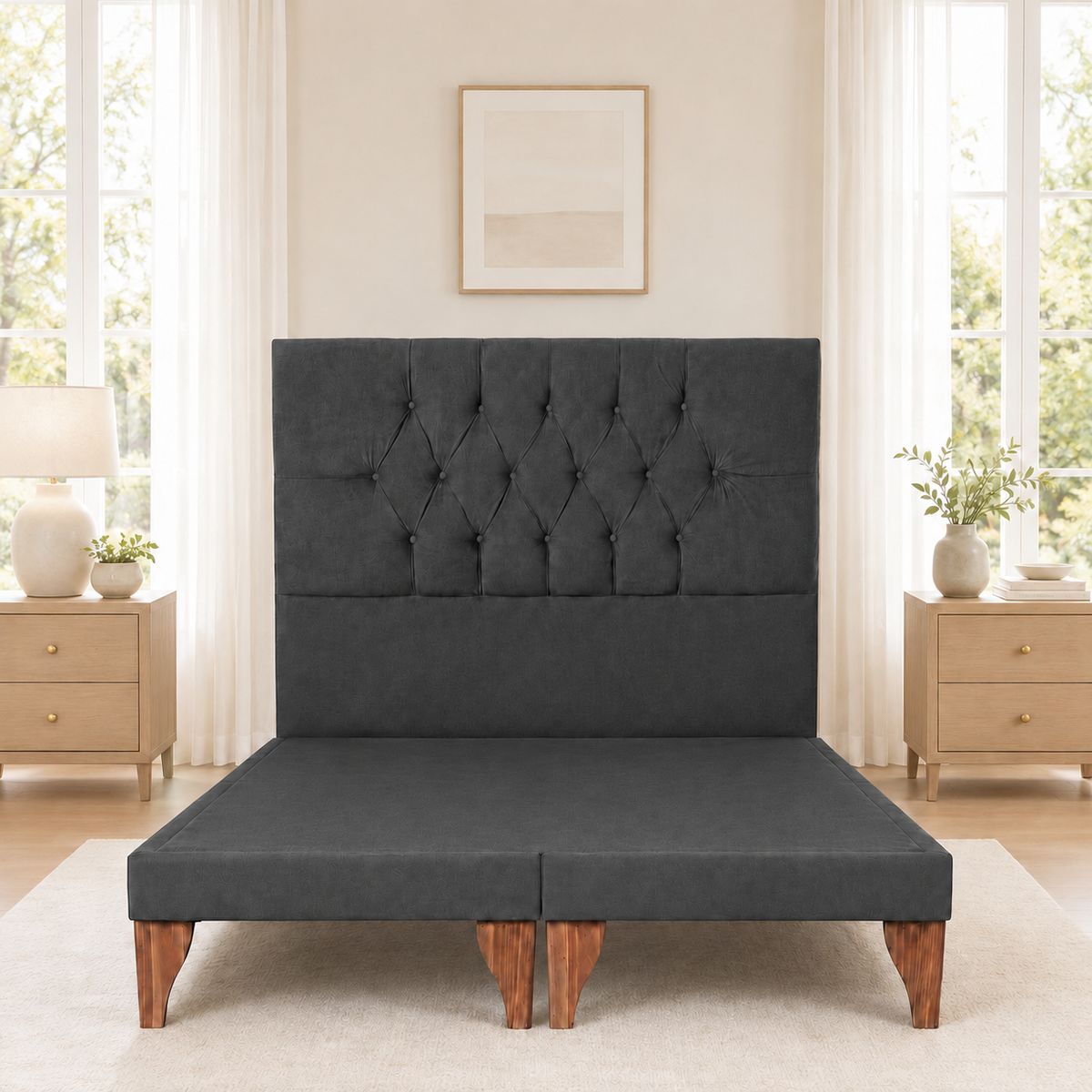 GENERICO - Cama 2 Plazas Modelo Capitone Tapizado En Lino En Color Gris Oscuro