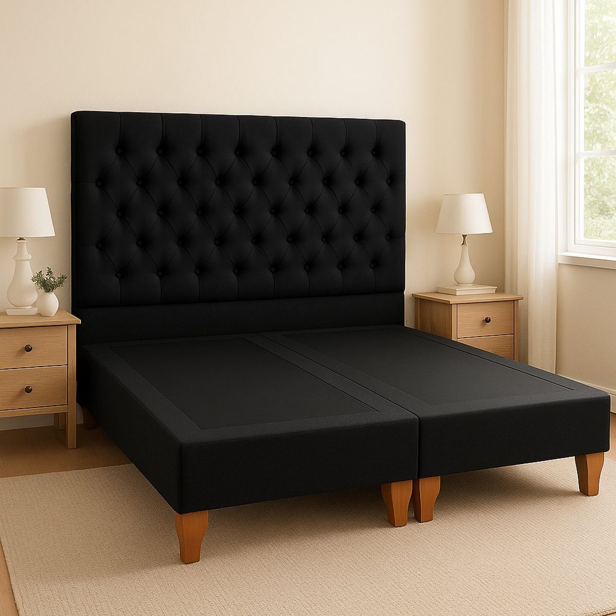 GENERICO - Cama 2 Plazas Modelo Capitone Tapizado En Lino En Color Negro