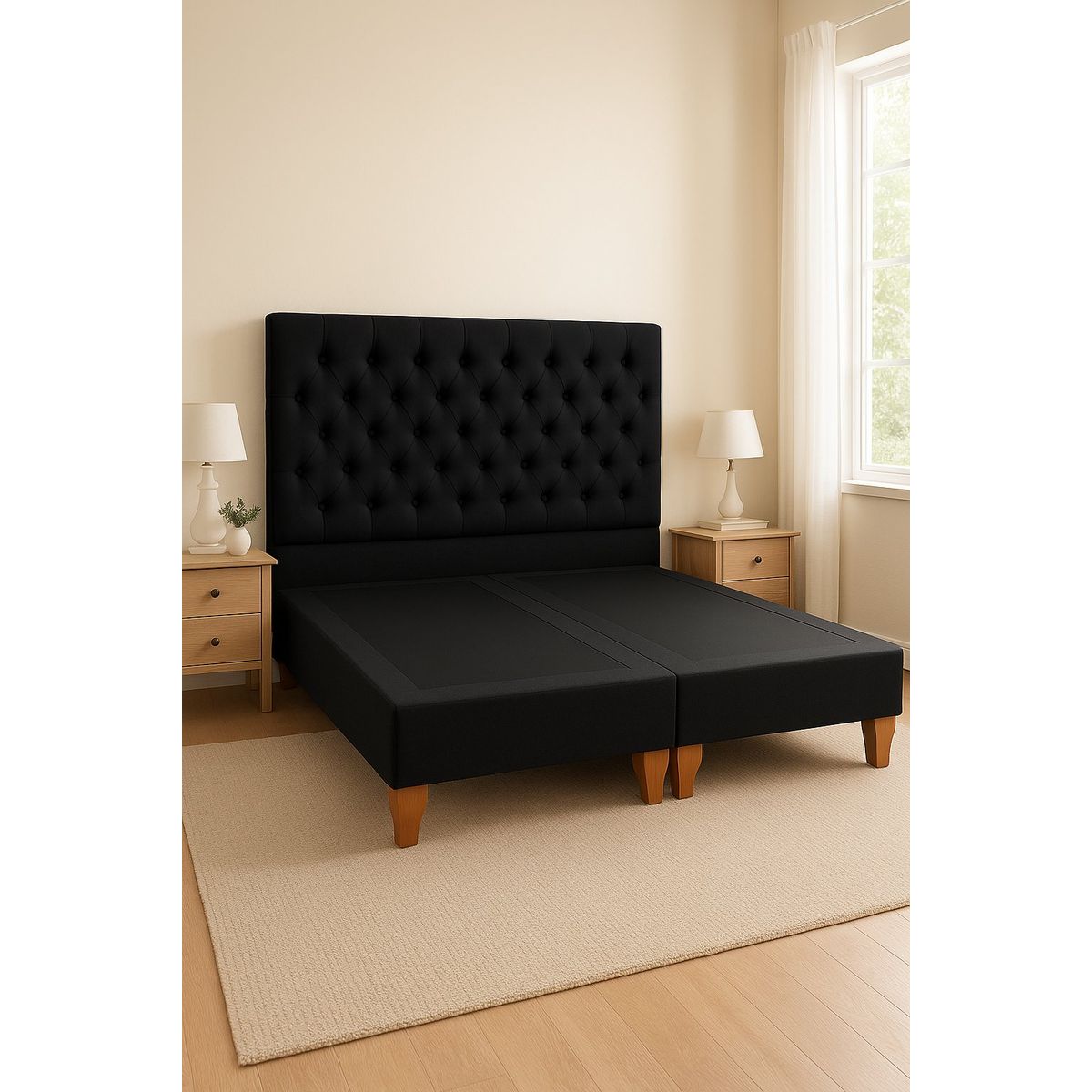 GENERICO - Cama 2 Plazas Modelo Capitone Tapizado En Lino En Color Negro