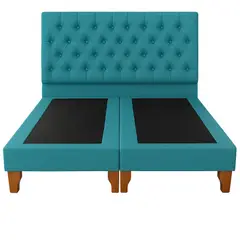 GENERICO - Cama 2 Plazas Modelo Capitoné Tapizado En Lino En Color Turquesa