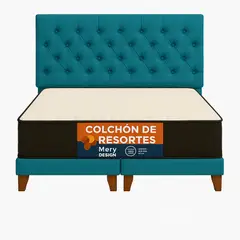 GENERICO - Cama 2 Plazas Modelo Capitone Turquesa En Lino + Colchon 2P Mery Desing