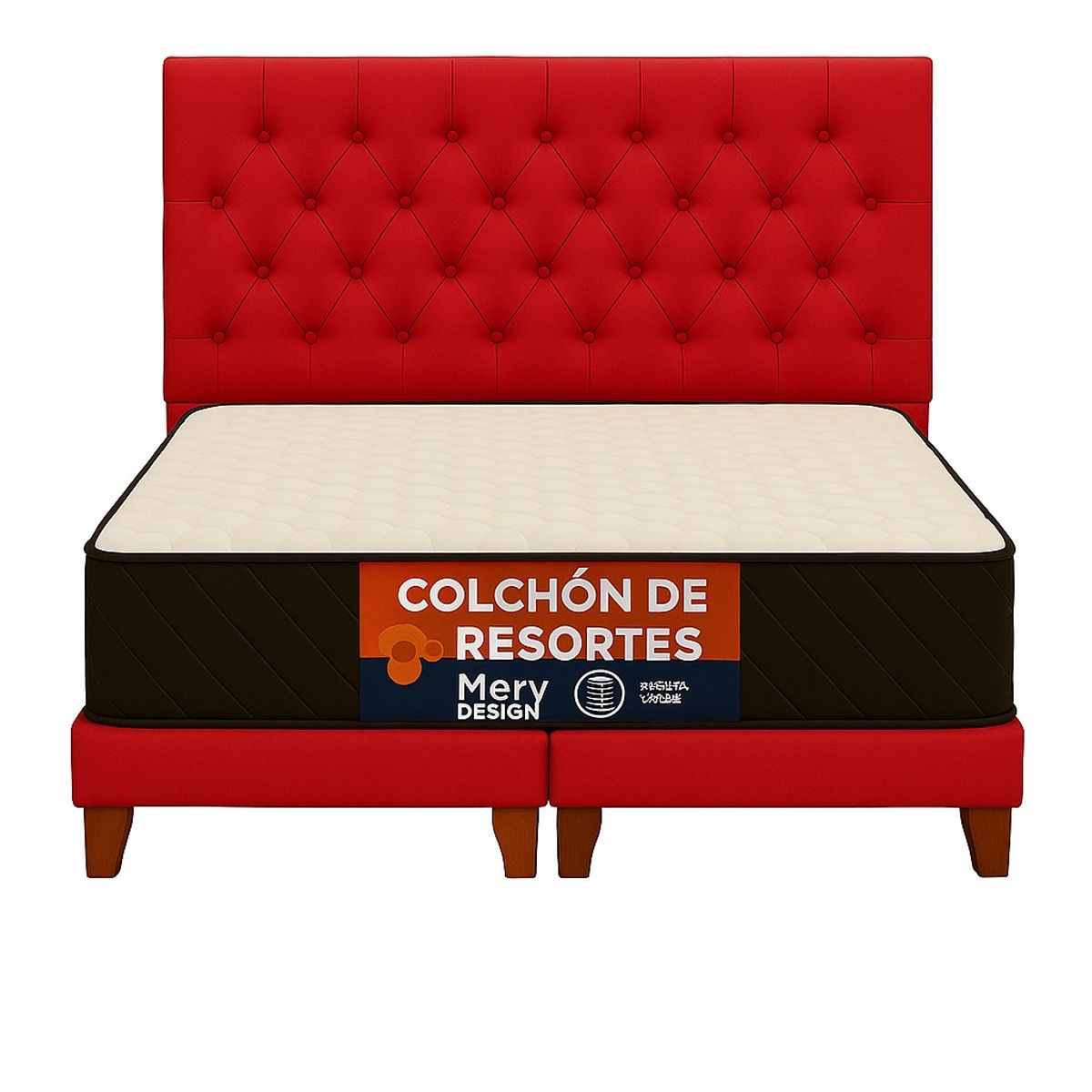 GENERICO - Cama 2 Plazas Capitone Rojo En Lino  + Colchon 2P Mery Desing