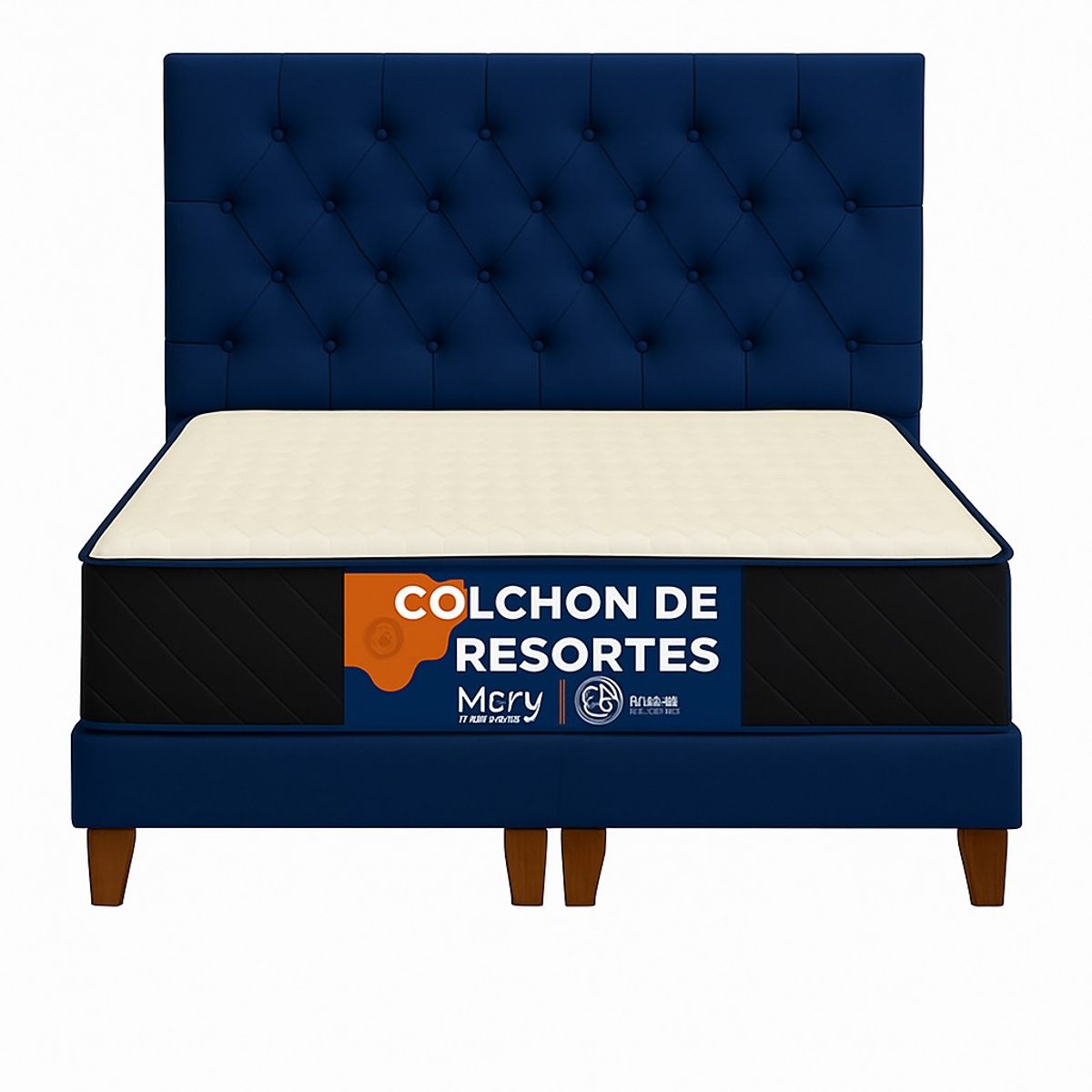 GENERICO - Cama 2 Plazas Modelo Capitone Azul En Lino + Colchon 2P Mery Desing