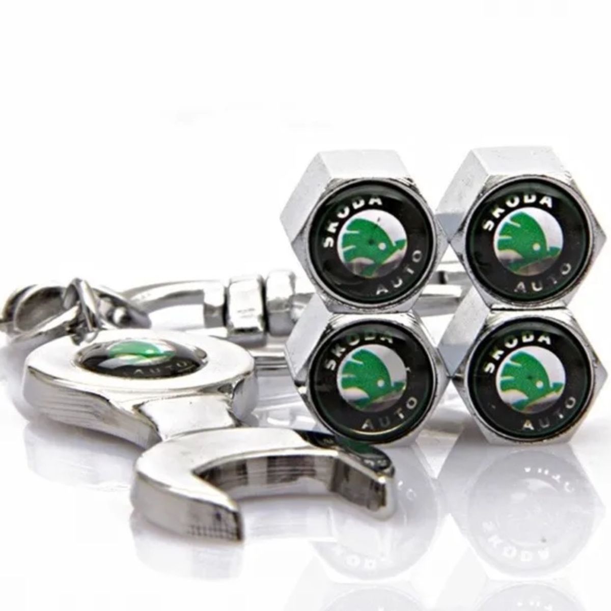 GENERICO - Set 4 Tapa Valvulas con Llavero para Skoda