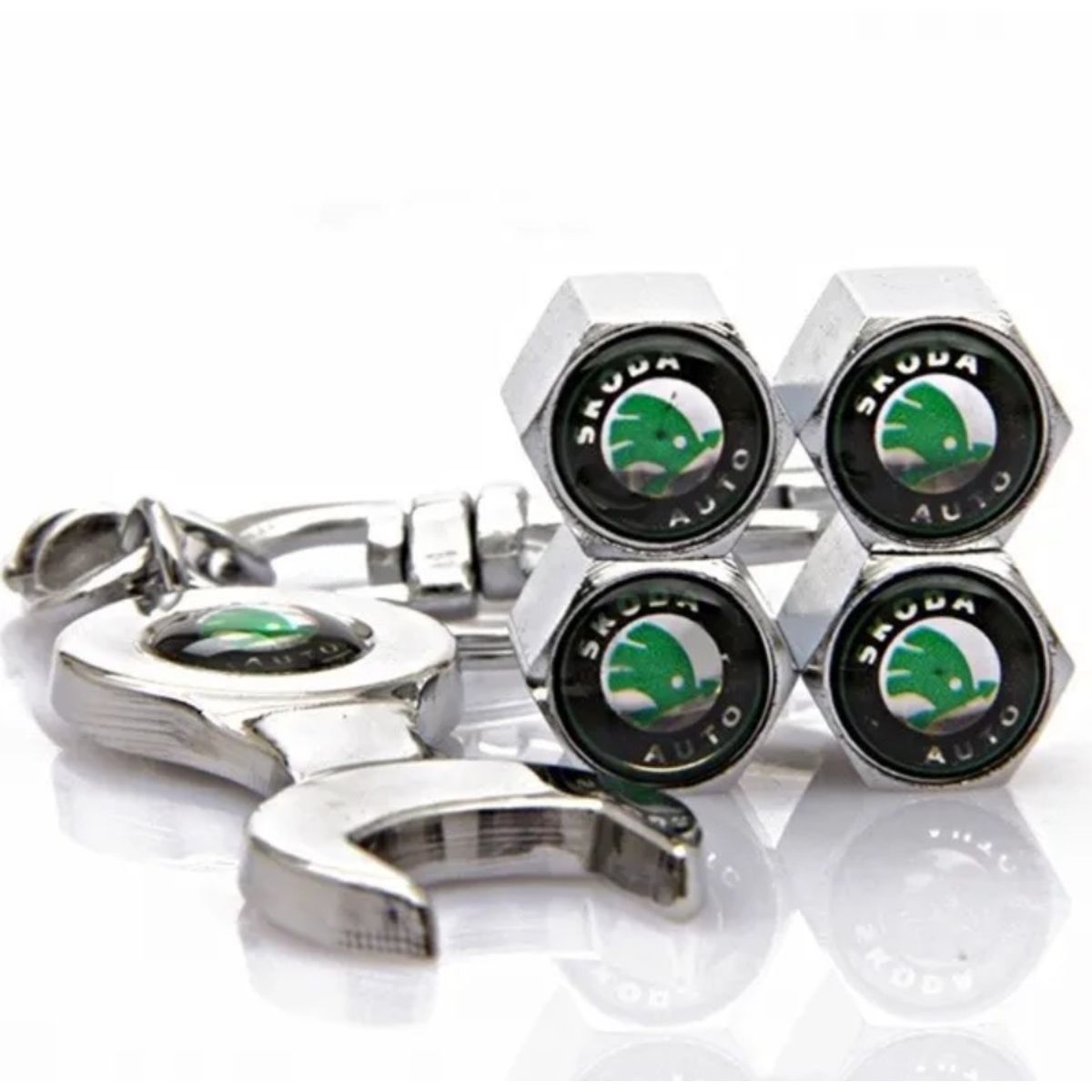 GENERICO - Set 4 Tapa Valvulas con Llavero para Skoda
