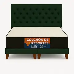 GENERICO - Cama 2 Plazas Capitone Verde Botella En Lino Capitone + Colchon 2P Mery Desing