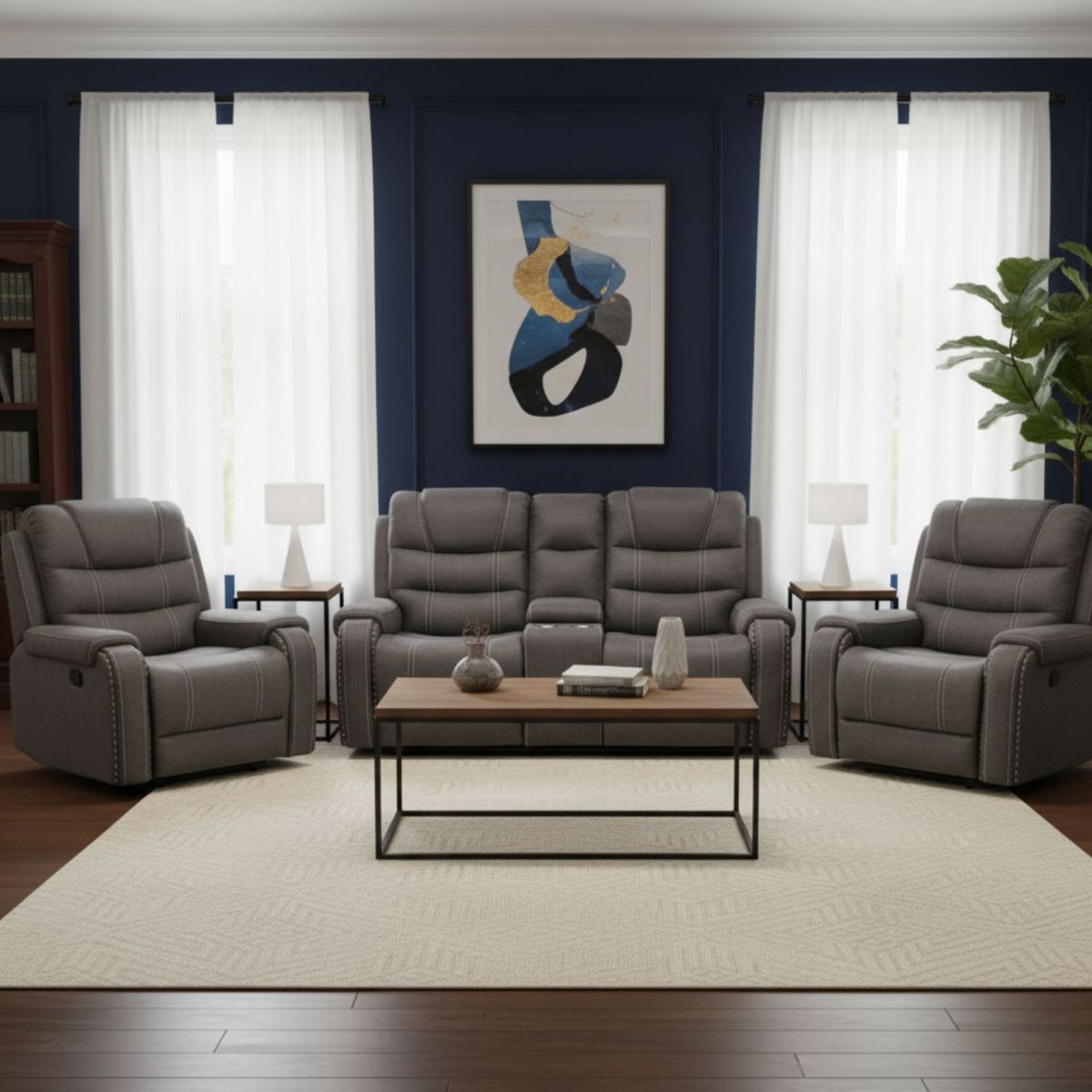 DANIELS - Living Reclinable Sofá 2 Cuerpos + 2 Bergers Reclinable Gris Verona