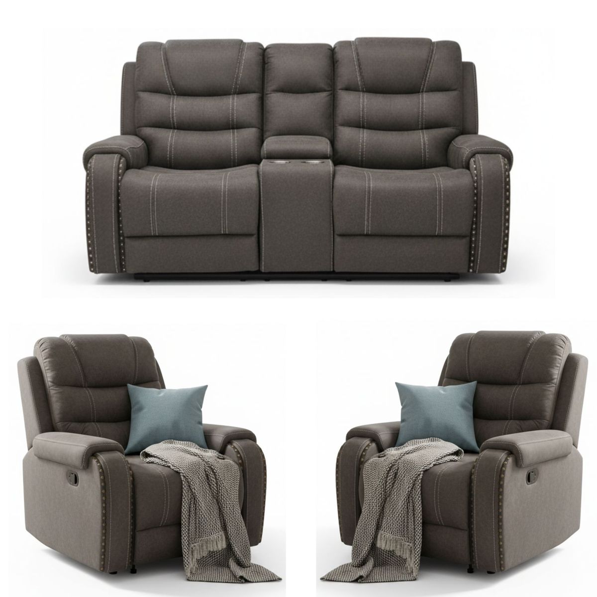 DANIELS - Living Reclinable Sofá 2 Cuerpos + 2 Bergers Reclinable Gris Verona