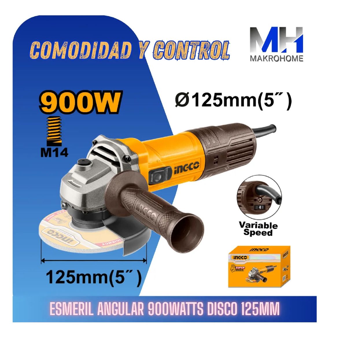 INGCO - Esmeril Angular Ingco 900w Disco 125mm Velocidad Variable