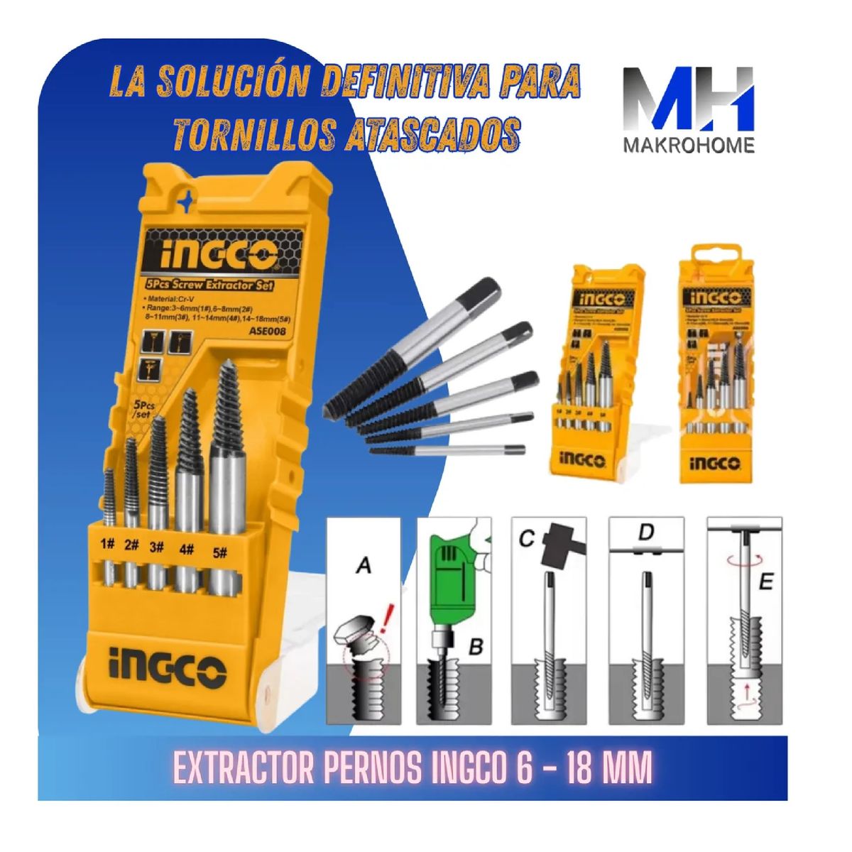 INGCO - Extractor De Pernos Y Tornillos Dañados Ingco 5 Pzas 6-18mm