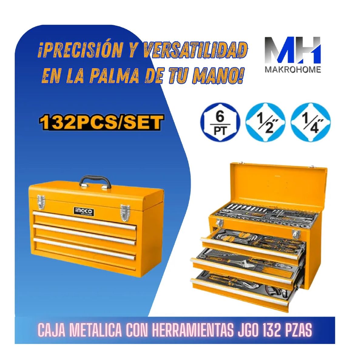 INGCO - Set De Herramientas Ingco 132 Piezas Dados Un Cuarto Y Media +caja