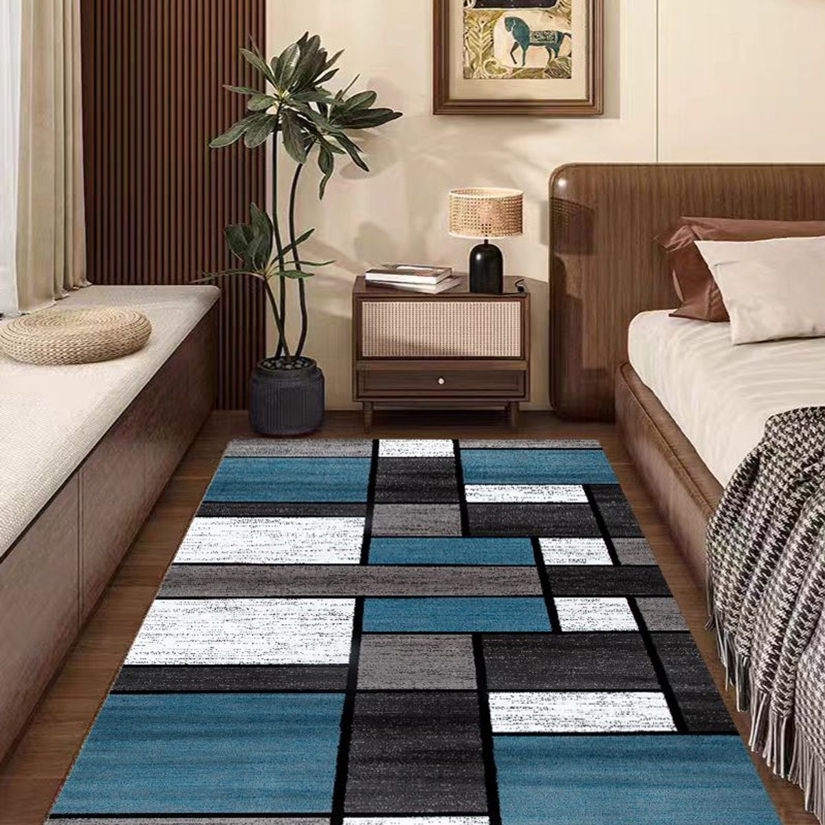GENERICO - ALFOMBRA DE PASILLO 180X60 CM CUADRO AZUL MODERNA ELEGANTE DECORATIVA WM