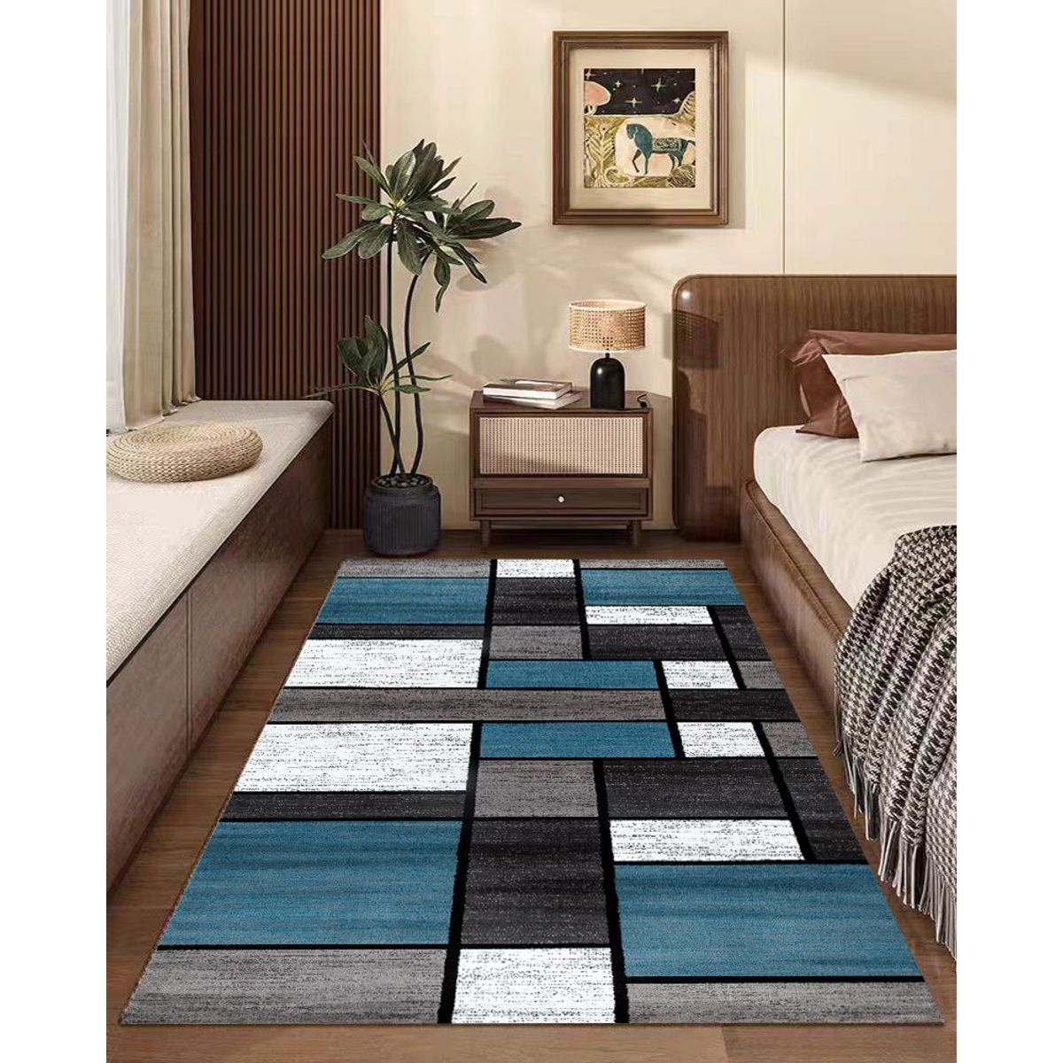 GENERICO - ALFOMBRA DE PASILLO 180X60 CM CUADRO AZUL MODERNA ELEGANTE DECORATIVA WM