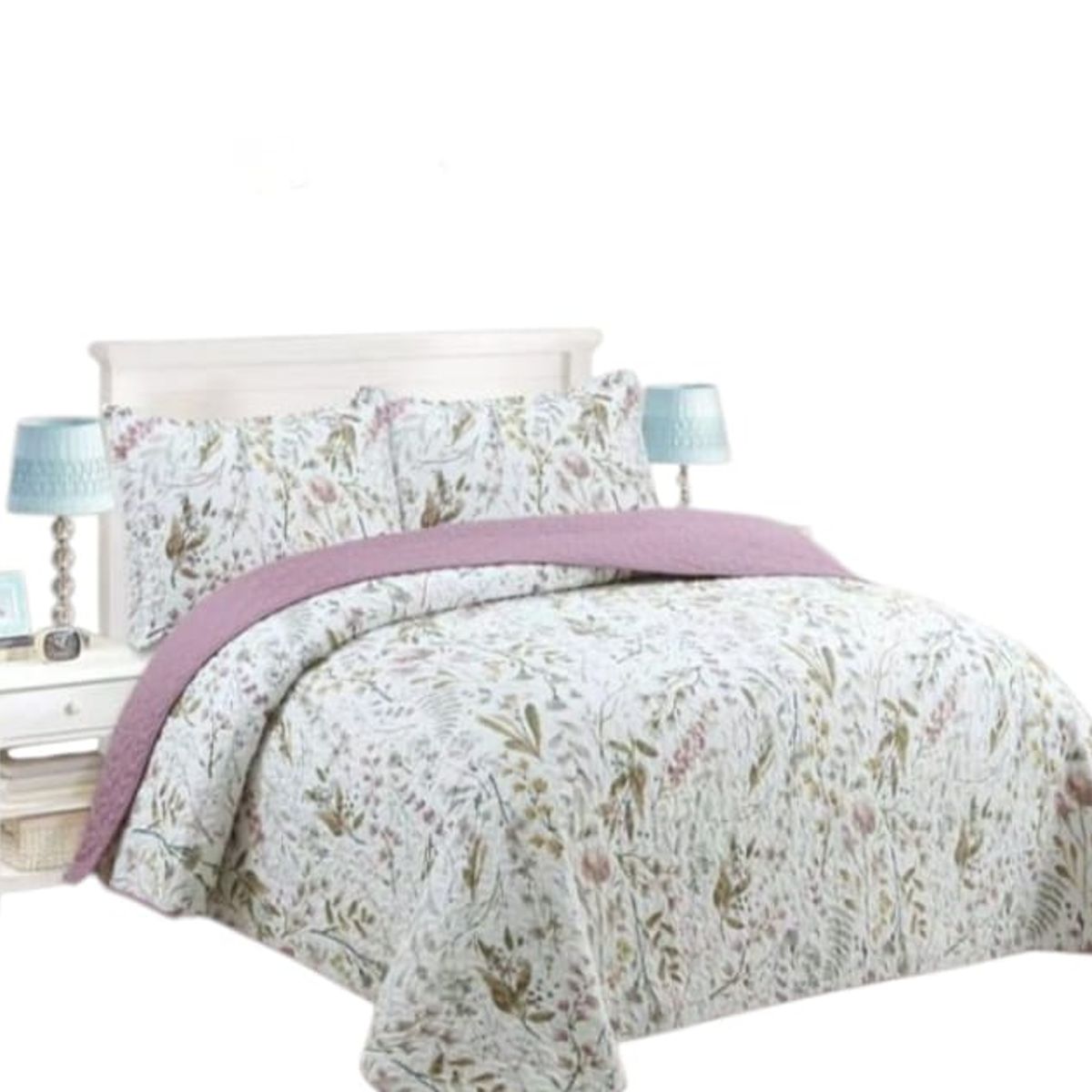 GENERICO - Cubrecama Quilt King Blanco Flor Rosa